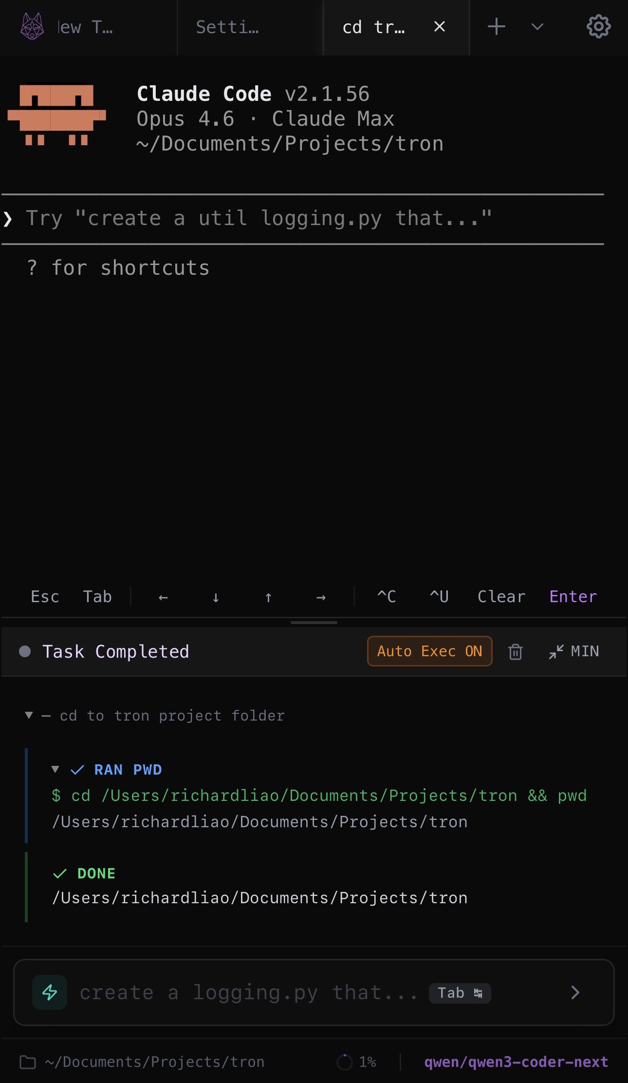 Tron running in a mobile browser with terminal and agent visible