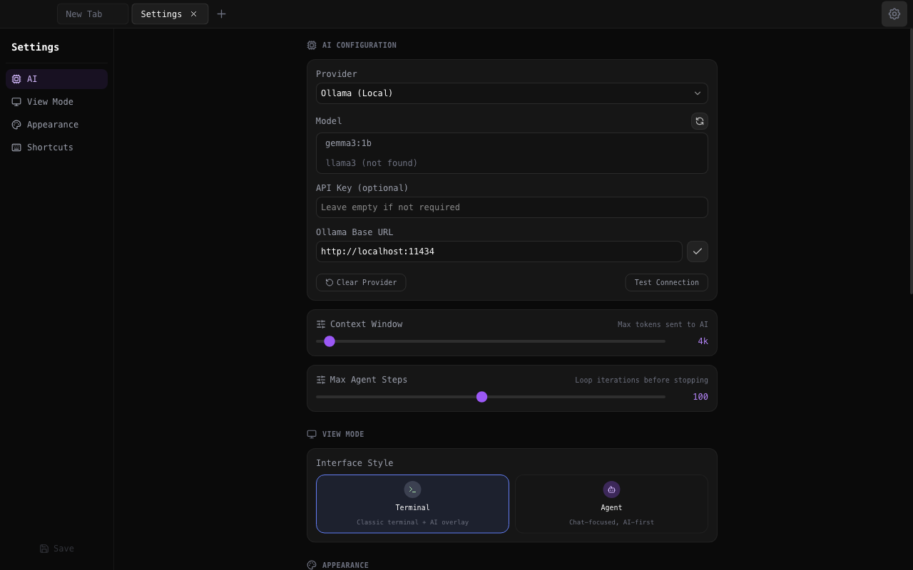 Tron 设置页 —— AI 提供商指向本地 Ollama 端点